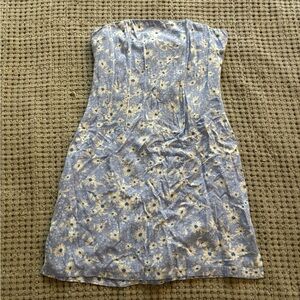 Blue Strapless White Flower Dress